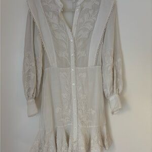 Veronica Beard Ivory Embroidered Mini Dress | Boho Long Sleeve